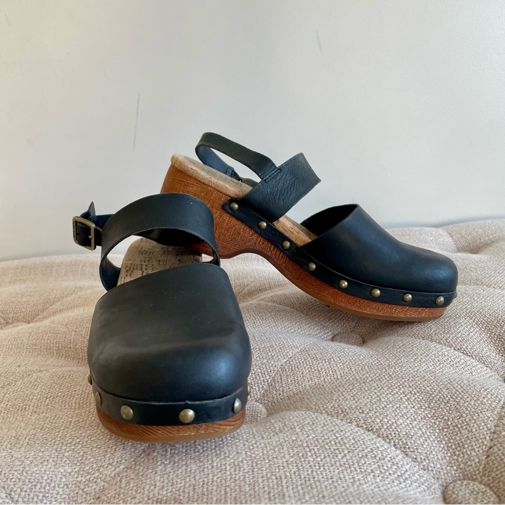 Kork-Ease Black Leather Platform Clogs with Brass Studs - Picture 7 of 13
